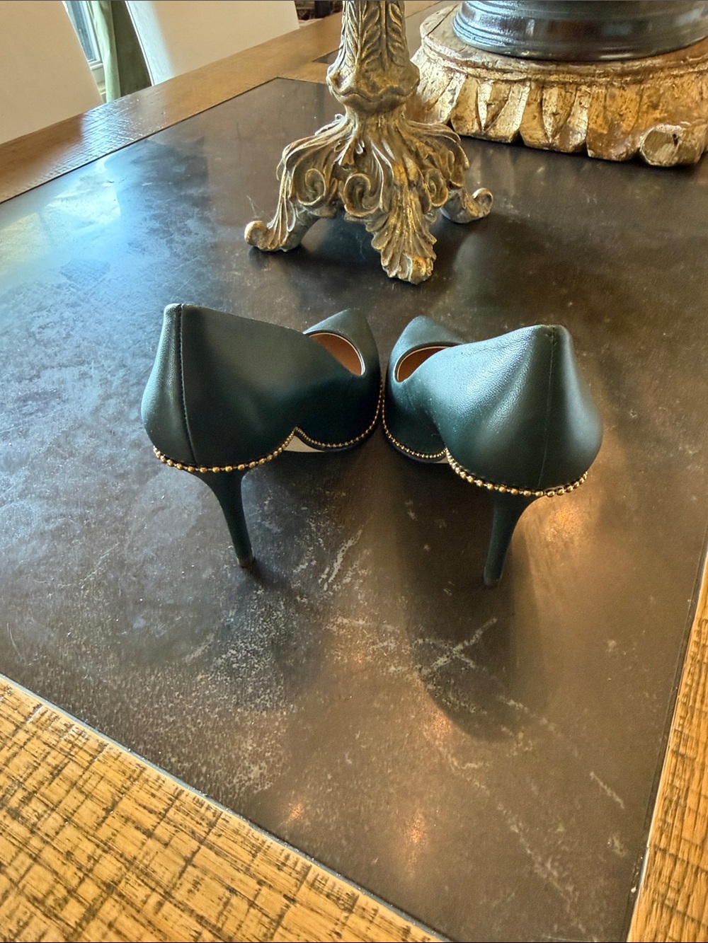 Coach Hunter Green Pointed-Toe Pumps with Gold Stud Trim - Picture 3 of 5